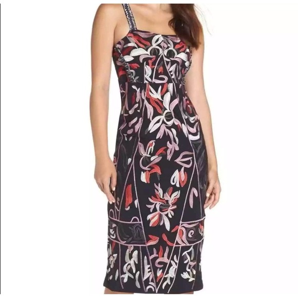 foxiedox Dresses & Skirts - Anthro Foxiedox Takeo Column Black Dress Multi Sheath‎ Sleeveless Embroidered 8